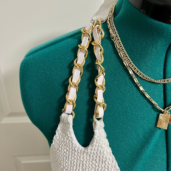 White Textured XL Bikini w/Chain Accents, Coordinated Layered Gold Tone Necklace - Picture 4 of 10